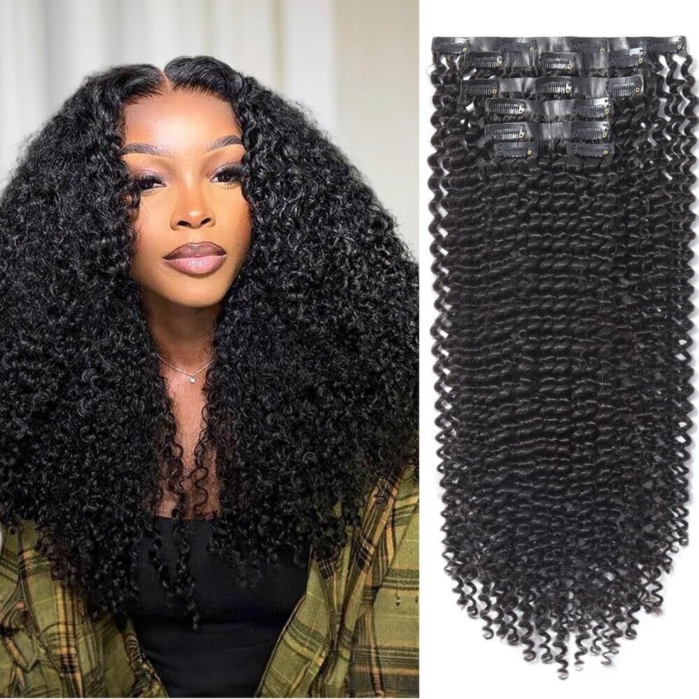 Curly Clip-In Hair Extensions Human Hair 16 Inch Kinky Curly Natural Black
